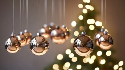 Poster - A bunch of shiny Christmas ornaments hanging from strings