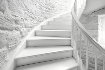 Wall Mural - Elegant white staircase with intricate railings in a dimly lit space