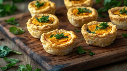 Poster - Wooden cutting board with various mini pies arranged on top