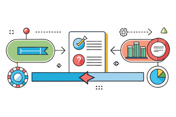 Wall Mural - Modern infographic design with flowchart elements, including gears, arrows, checkmarks, and colorful charts for business processes