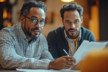Aufkleber - Two businessmen examining papers and contracts at a table