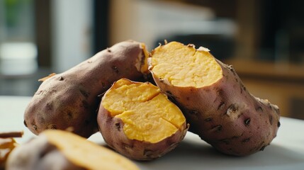 Poster - A stack of sweet potatoes arranged neatly on a white plate