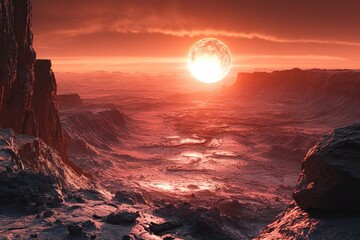 Poster - A rocky landscape with mountains and hills at sunset