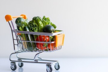 Poster - Fresh produce displayed on a table with a cart full of vegetables, suitable for grocery store or market use