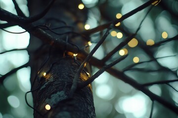 Poster - A close-up shot of a tree decorated with string lights, ideal for winter or holiday-themed designs