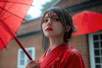 Poster - A woman stands under an awning, holding a bright red umbrella to shield herself from the rain