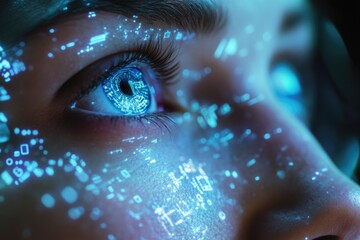 Poster - A close-up view of a person's eye with a computer chip implanted, suitable for futuristic or sci-fi themed illustrations
