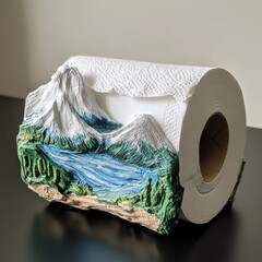 Poster - A roll of toilet paper featuring a scenic mountain landscape