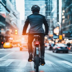 Poster - A person rides a bike on a busy city street, a common mode of transportation in urban areas