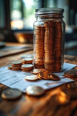Aufkleber - A jar filled with coins sits on a table, perfect for use in still life or financial context images
