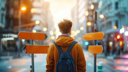 A person in an orange jacket stands at a city intersection, contemplating different paths ahead under a glowing sunset.