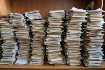 Poster - A stack of papers rests on a wooden desk, ideal for office or study settings