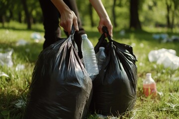 Poster - A person holding two bags of trash sitting on a grassy area, potentially symbolizing waste management or environmental concerns