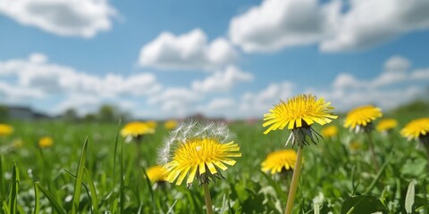 Aufkleber - A vibrant field of yellow dandelions against a bright blue sky