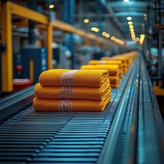 Poster - A conveyor belt carrying multiple folded towels, great for business or hospitality use