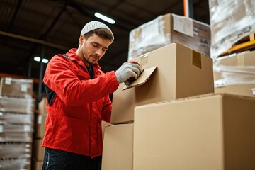 Poster - A person wearing a red jacket packs boxes in a warehouse setting
