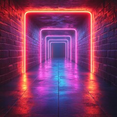 Poster - A bright tunnel with neon lights illuminating the dark surroundings, ideal for use in sci-fi or futuristic concept scenes