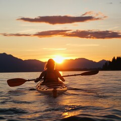 Poster - A person paddling in a kayak on calm waters at sunset