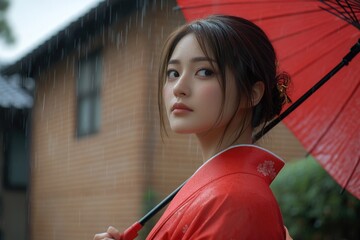 Poster - A woman holding an umbrella in the rain, great for use as a background or illustration