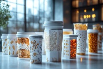 Poster - A collection of coffee cups placed on a table, ideal for use in cafe or restaurant scenes