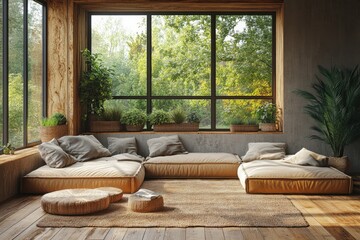 Poster - A comfortable living room with multiple pieces of furniture and a large window for natural light