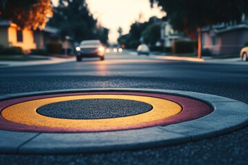 Poster - A circular traffic sign with yellow and red colors on a street, indicating caution or warning