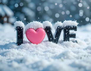 Wall Mural - winter banner with the word LOVE among the snow. The LOVE letters are black 3D, and the O is a pink heart