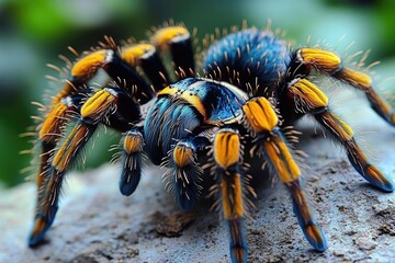 Poster - a blue and yellow spider perched on top of a rocky outcropping