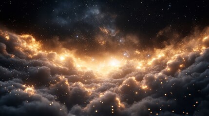 Wall Mural - Majestic cosmic panorama revealing a fiery horizon surrounded by glittering stars at dusk in a vast universe. Generative AI