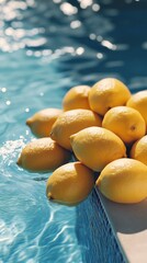 Wall Mural - Bright lemons resting by a sparkling pool on a sunny day