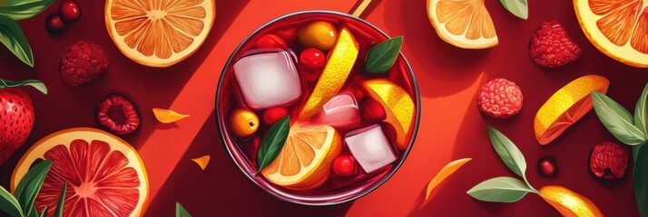 Wall Mural - Colorful fruit punch bowl with ice and fresh ingredients on red table. Generative AI