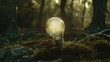 © somsri - A frosted light bulb resting on a bed of moss in a natural forest setting