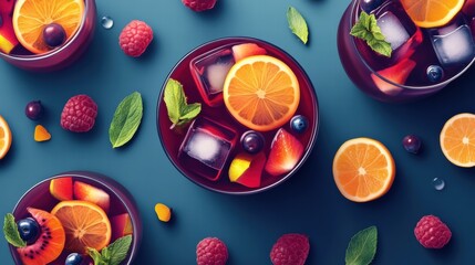 Wall Mural - Fresh fruit drinks with vibrant colors and ice arranged on a stylish table setting during summer. Generative AI