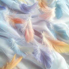 Poster - Artistic closeup of pastel-hued feathers on delicate fabric soft textures and colors studio photography aesthetic background