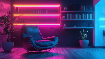 Aufkleber - Neon-lit room with rocking chair, shelves, and plants.