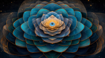 Poster - An intricate mandala combining geometric shapes from physics with artistic, flowing poetic elements,