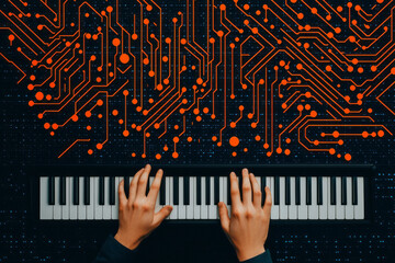 Poster - An elegant piano with mathematical symbols etched into its keys, set against a backdrop of geometric patterns and musical notes,