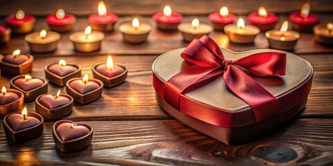 Wall Mural - Romantic Gift Box with Candles on Wooden Table