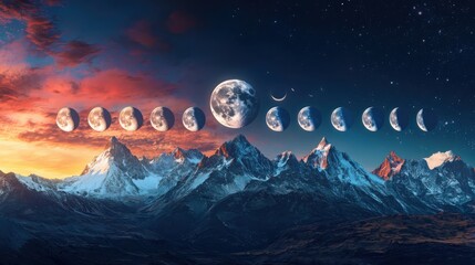 Poster - Lunar phases transitioning over majestic mountains night sky digital art celestial landscape atmospheric perspective nature and astronomy concepts