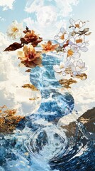 Poster - Artistic depiction of flowing water and blossoms nature digital artwork surreal environment aesthetic viewpoint tranquil concept