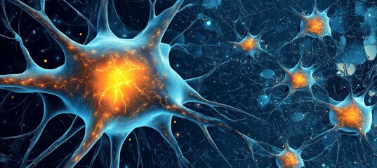 Poster - Artistic Depiction of a Neural Network with Interconnected Brain Cells and Vibrant Synapses