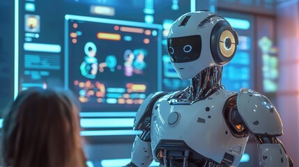 Poster - Humanoid Robot and Woman Interact with Futuristic Technology