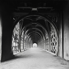 Poster - Tunnel with repeating arches in black and white.