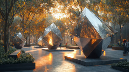 Poster - A contemporary urban plaza with minimalist geometric sculptures, sleek benches, and interactive art installations engaging the public,