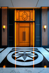 Poster - An elegant Art Deco theater facade with bold geometric patterns, decorative lighting, and ornate entrance doors inviting visitors,