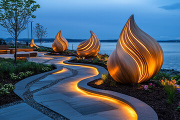 Poster - a serene waterfront sculpture park featuring abstract water-resistant sculptures, benches for relaxa