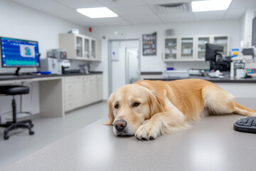 Poster - A compassionate veterinarian examining a playful golden retriever in a bright, modern clinic with state-of-the-art equipment,