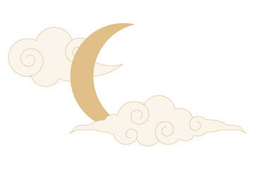 Wall Mural - celestial witch spiritual decoration with asian clouds moon, sun burst. line astrology element, mini