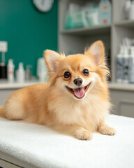 Poster - A tranquil pet grooming area where a veterinarian assists in bathing and trimming a fluffy Pomeranian in a cozy clinic space,