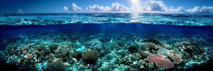 Poster - A vibrant coral reef underwater scene with diverse marine life, colorful corals, and clear blue waters, emphasizing marine geology,